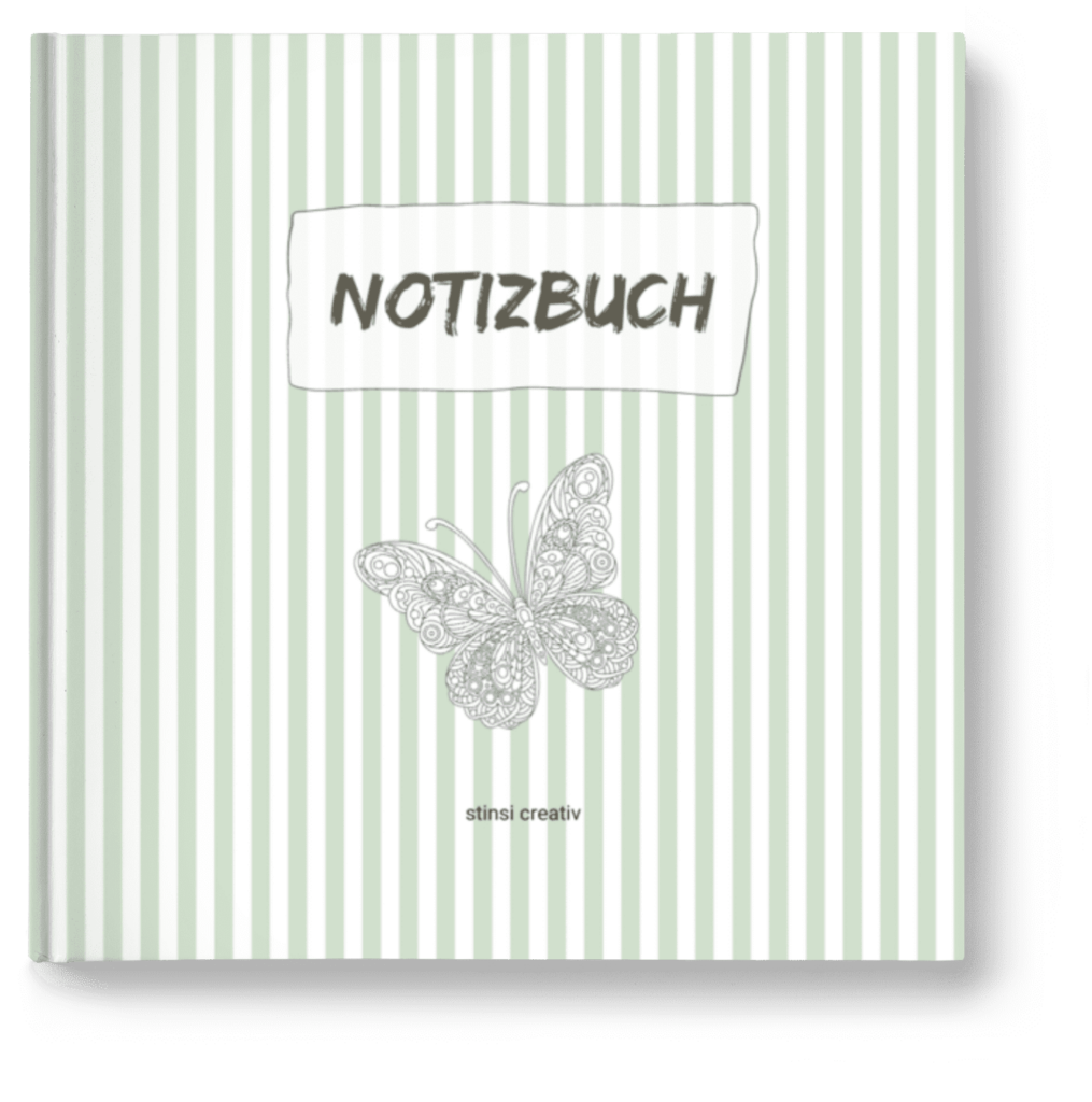 notizbuch weiß gruen gestreift mit schmetterling motiv